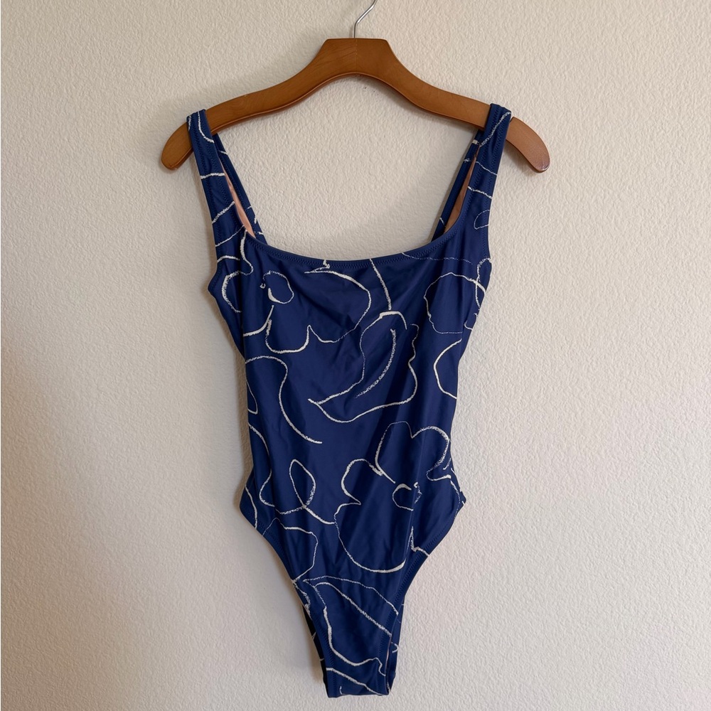 Madewell French Blue One-Piece Swimsuit with White Abstract Lines